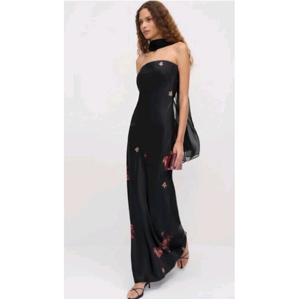 Reformation Strapless Oren Silk Dress Dutch Tulips Small Black Romantic Evening